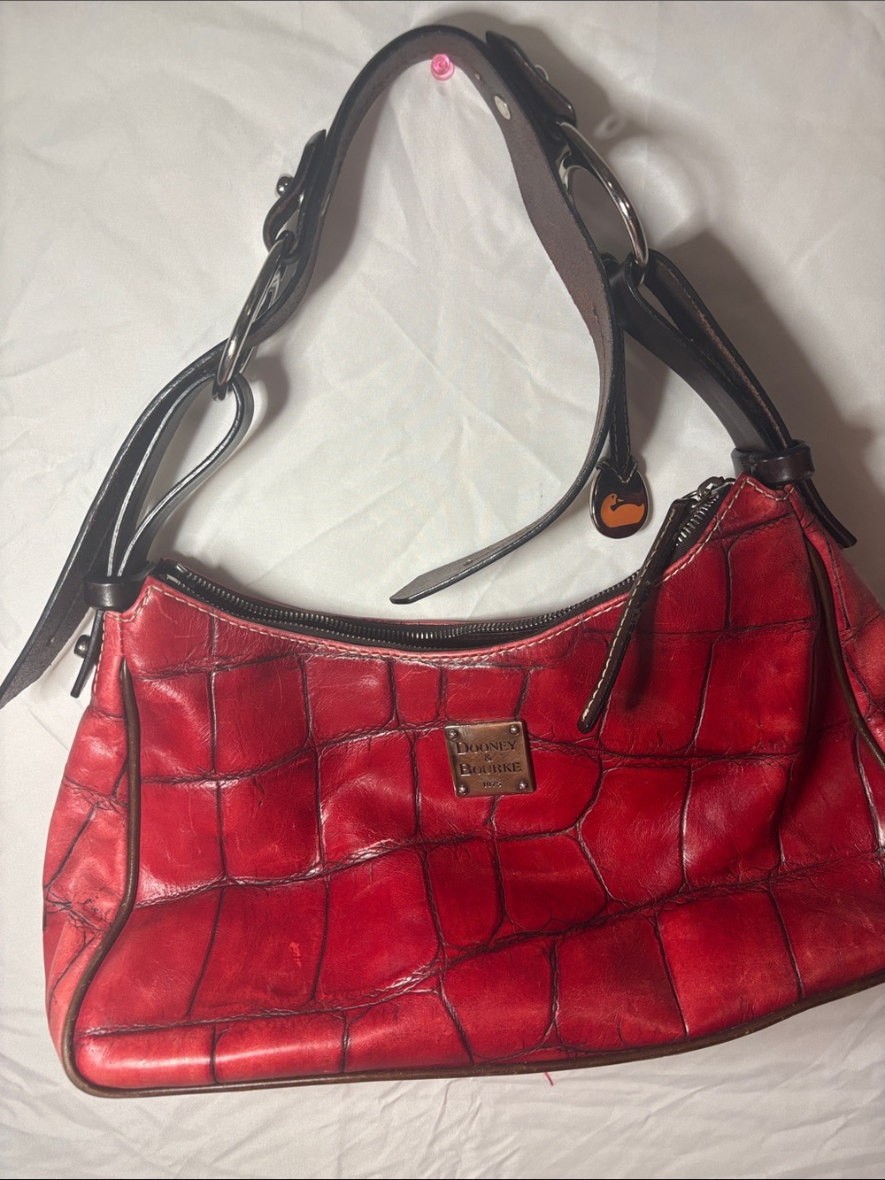 Dooney & Bourke Red Croc-Embossed Shoulder Bag with Dark Trim